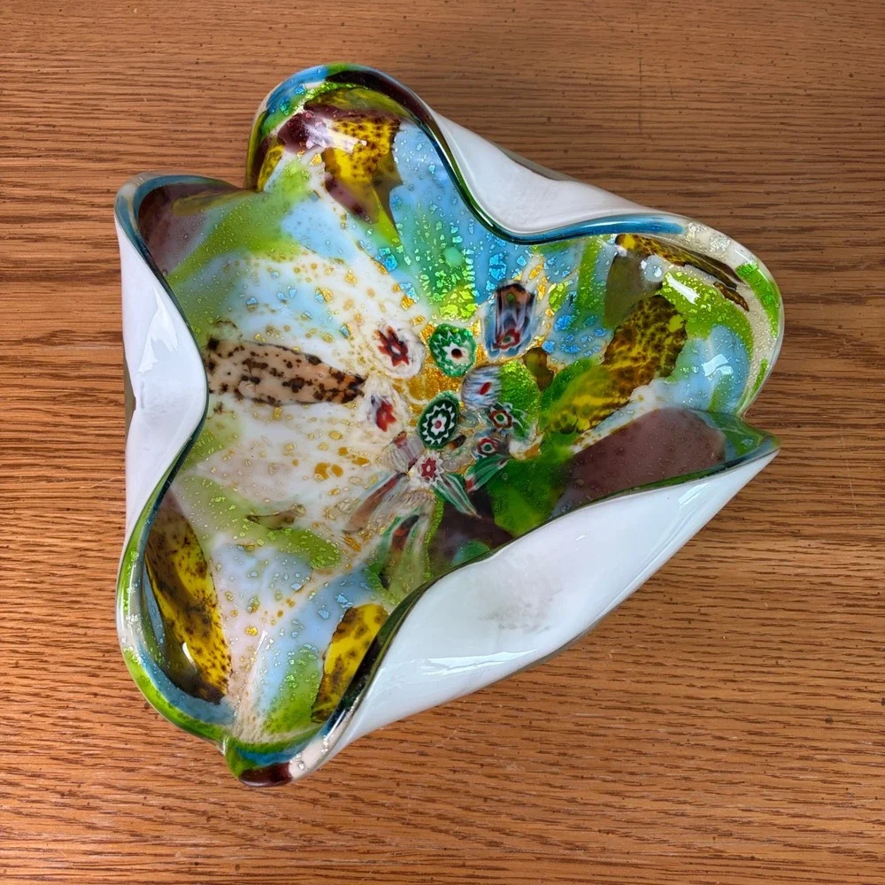 Vintage Murano Art Glass Bowl Gold Fleck Trifold White Green Tutti Fruitti
